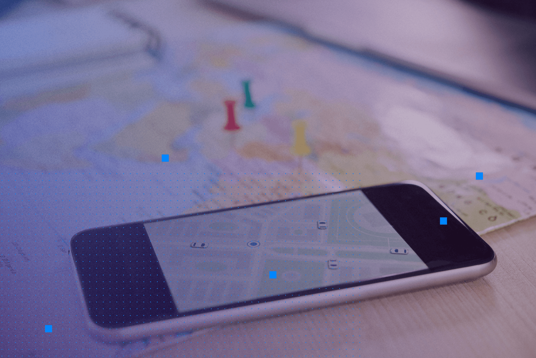 Maps on phone with purple overlay