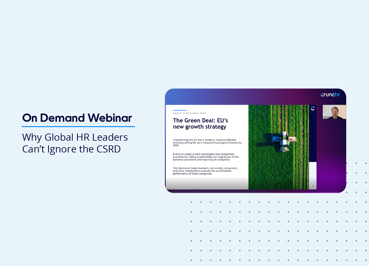 An image of a slide from the webinar Why Global Leaders Can't Ignore the CSRD. The image portrays a farm with green grass and a tractor, symbolizing the need for sustainable workplaces to contribute to a better earth