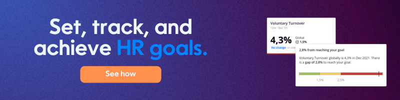 A banner that says ''Set, track, and achieve HR goals. See how.'' With turnover and goals widgets in Crunchr people analytics technology. Click here to learn more