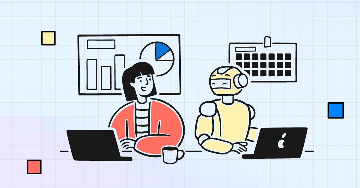 An HR professional and a robot working together at laptops, illustrating the integration of AI in HR processes. A calendar and data charts are displayed in the background, signifying the use of AI for data analysis and decision-making.