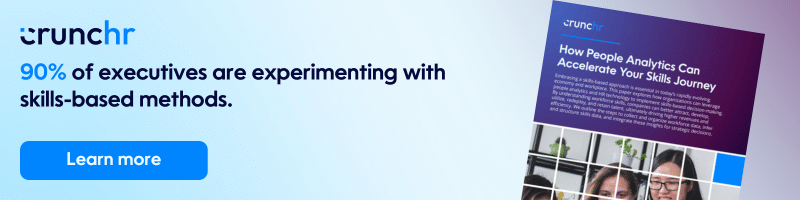 An image that reads ''90% of executives are experimenting with skills-based methods.'' with a button to click and learn more about how Crunchr can help