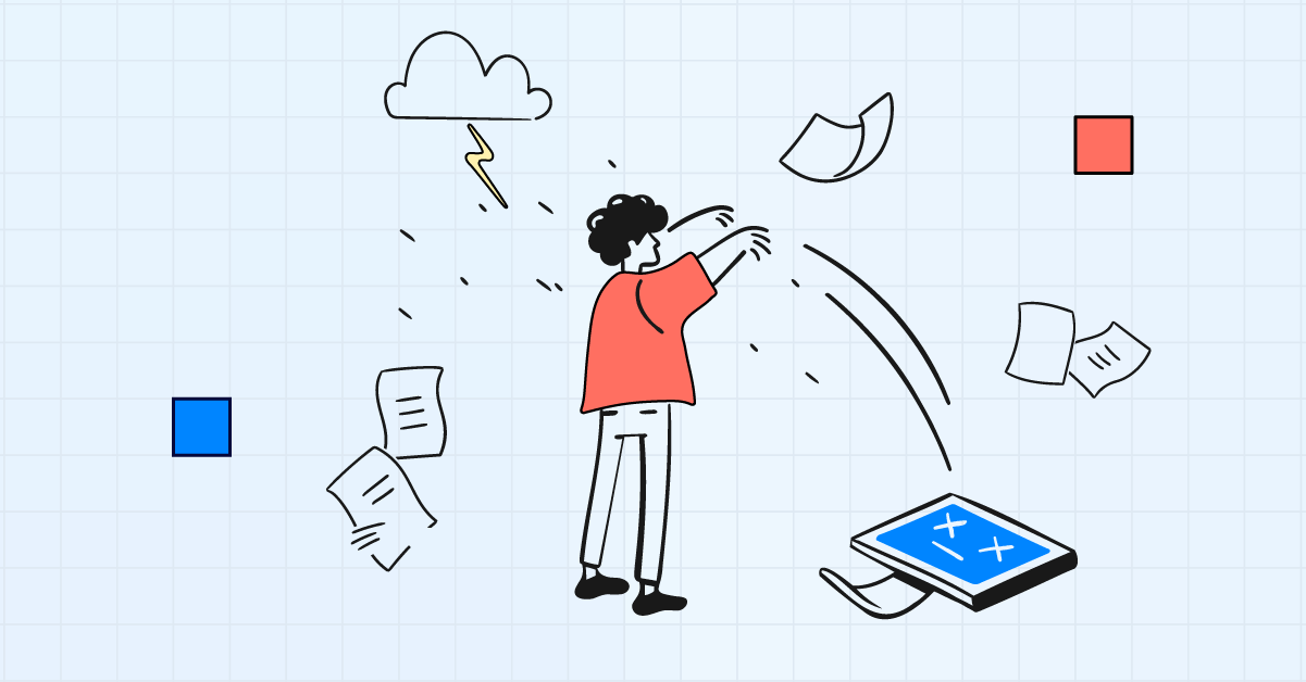 Illustration of a frustrated person in a red shirt throwing papers and a tablet, symbolizing dysfunctional turnover and workplace dissatisfaction. A storm cloud with lightning hovers above, indicating a tumultuous work environment. This image reflects challenges in HR management and highlights the importance of tools like Crunchr for addressing dysfunctional employee turnover.