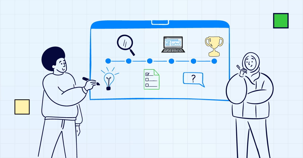 Illustration of two people discussing a project timeline with key milestones, including a magnifying glass, a laptop with graphs, a trophy, a checklist, and a speech bubble, representing stages of strategic planning and achievement.