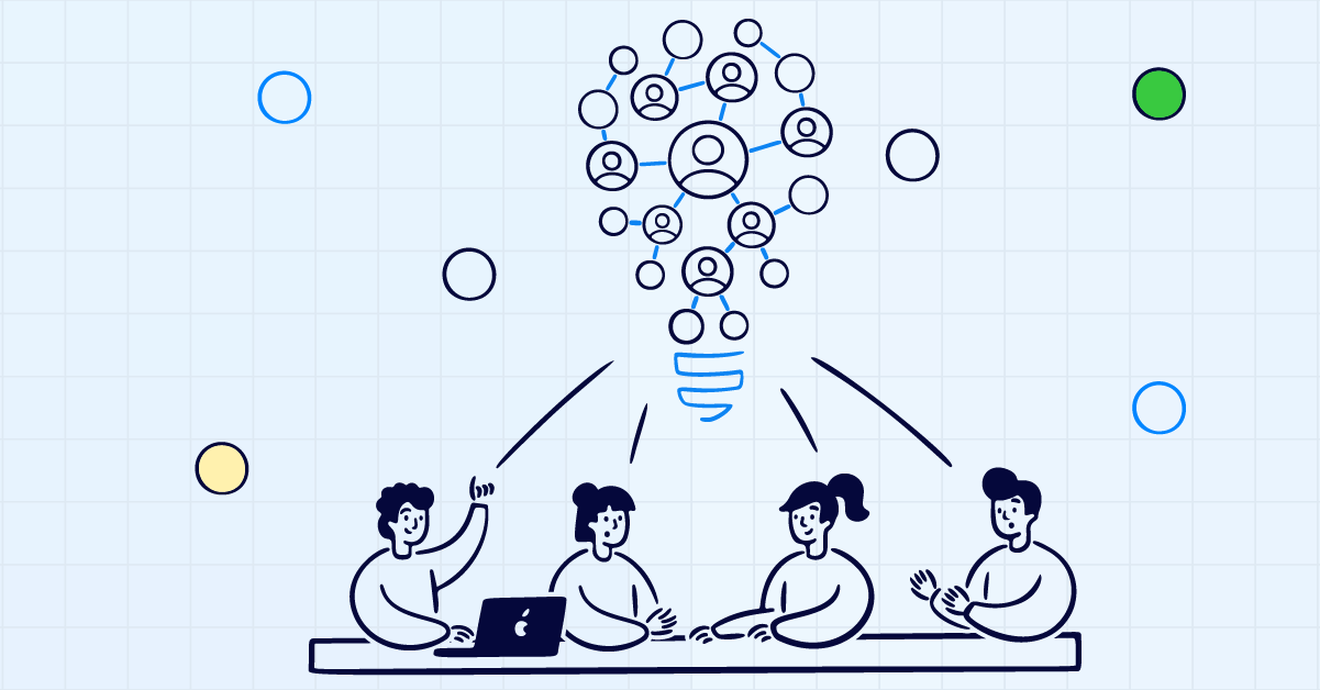 Illustration of a team collaborating with a light bulb symbolizing ideas, connected by network lines representing people. The image highlights teamwork and data-sharing in the context of workforce analytics or CSRD reporting.