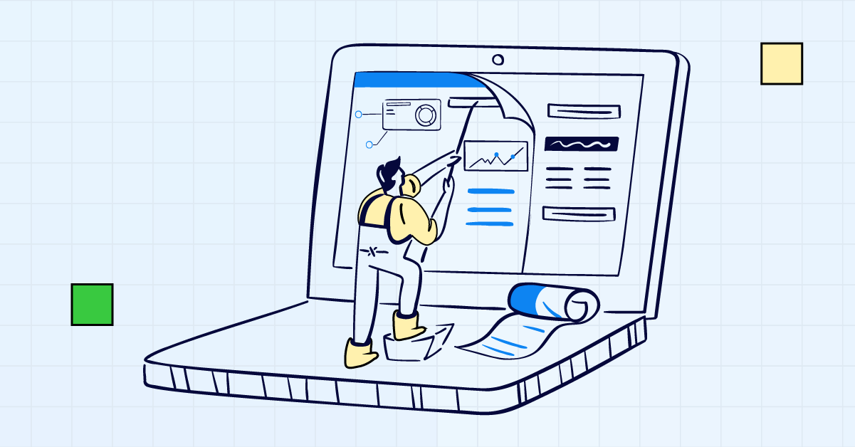 Illustration of a worker analyzing data on a large laptop screen, symbolizing internal mobility and workforce analytics