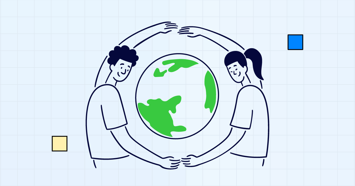 Illustration of two people encircling the globe with their arms, representing collaboration and sustainability efforts around the world.