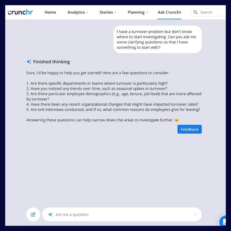 Screenshot of generative AI providing clarifying questions to investigate turnover issues, including inquiries about trends, demographics, and organizational changes.