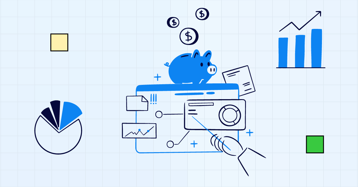 An illustratin of a piggy bank with money, charts, and data visualizations in blue and green which depicts the idea that human resources and finance need to work together to drive business growth via human capital.