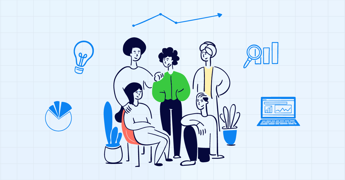 Illustration of five diverse employees, including people of different genders and ethnicities, with icons representing charts, data analysis, and growth.