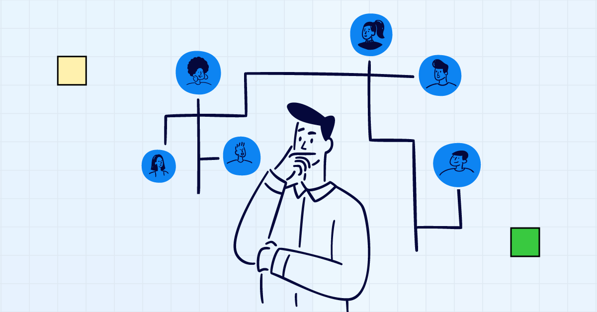 Illustration of a manager analyzing organizational structure with spans and layers, depicting hierarchical reporting lines and employee relationships