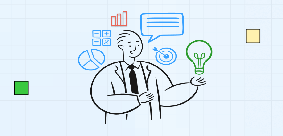 HR analytics concept art showing a professional holding a lightbulb, with icons representing data-driven decision-making.