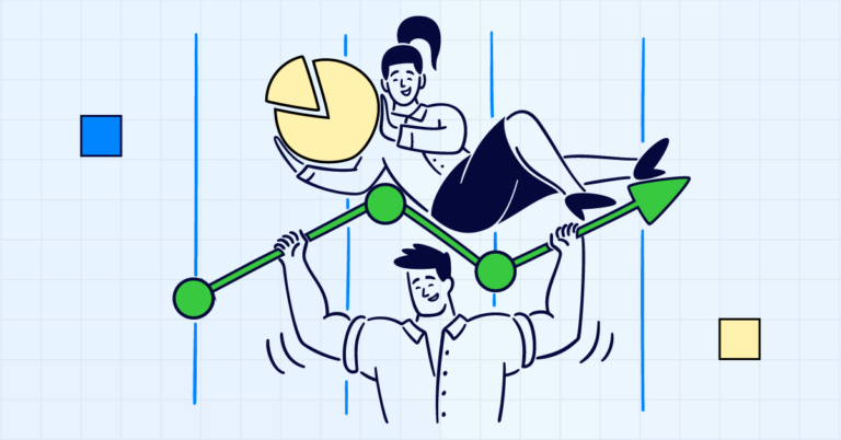 Man and woman analyzing and balancing HR metrics and formulas on a graph and pie chart, concept for HR metrics dashboard, best HR metrics, and HR metrics examples for 2024