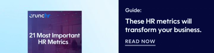 Promotional banner for Crunchr's guide on '21 Most Important HR Metrics' with the tagline 'These HR metrics will transform your business. Read Now' against a blue background."