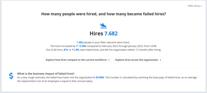 An image showing the Crunchr people analytics solution and software showcasing HR metrics on hires powered by genAI insights for Human Resources management.
