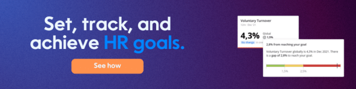 A banner that says ''Set, track, and achieve HR goals. See how.'' With turnover and goals widgets in Crunchr people analytics technology. Click here to learn more