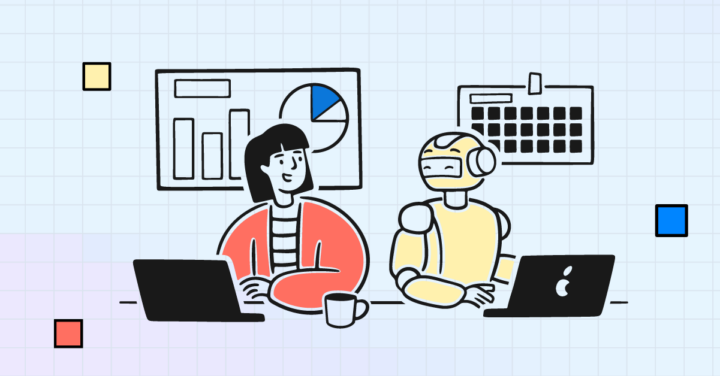 An HR professional and a robot working together at laptops, illustrating the integration of AI in HR processes. A calendar and data charts are displayed in the background, signifying the use of AI for data analysis and decision-making.