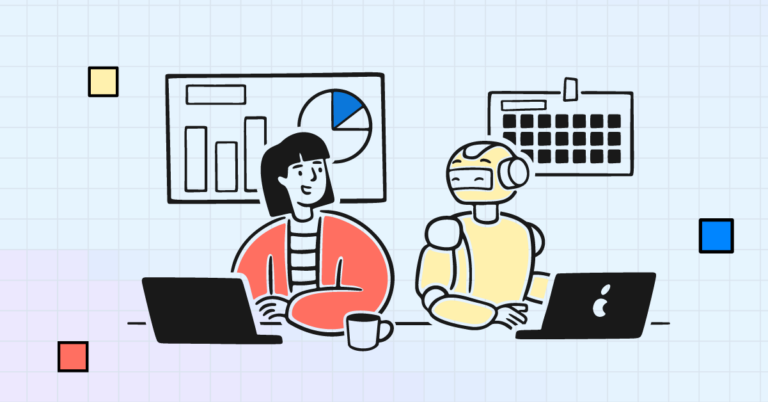 An HR professional and a robot working together at laptops, illustrating the integration of AI in HR processes. A calendar and data charts are displayed in the background, signifying the use of AI for data analysis and decision-making.
