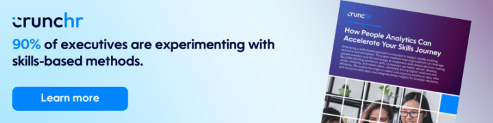 An image that reads ''90% of executives are experimenting with skills-based methods.'' with a button to click and learn more about how Crunchr can help