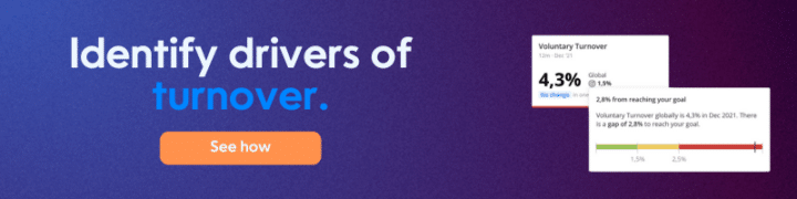 Banner promoting Crunchr's ability to identify drivers of turnover, featuring a call-to-action button labeled 'See how' and visual metrics on voluntary turnover rates."