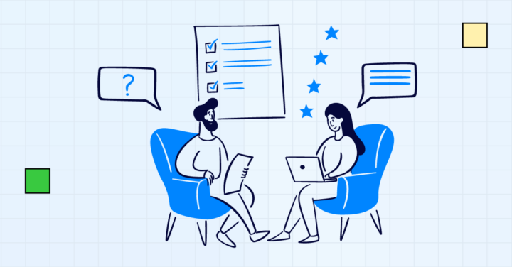 Illustration of two people having a conversation during a performance review, with checklists and star ratings, representing employee feedback and evaluation processes.