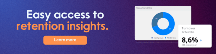 Banner showcasing easy access to retention insights with a turnover rate chart, featuring a 12-month employee turnover of 8.6%, emphasizing workforce retention improvements.