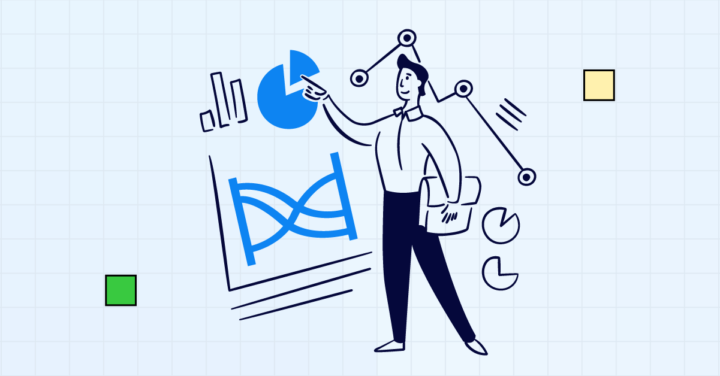 Illustration of a person analyzing data using Sankey charts and other visual tools to understand internal mobility trends.