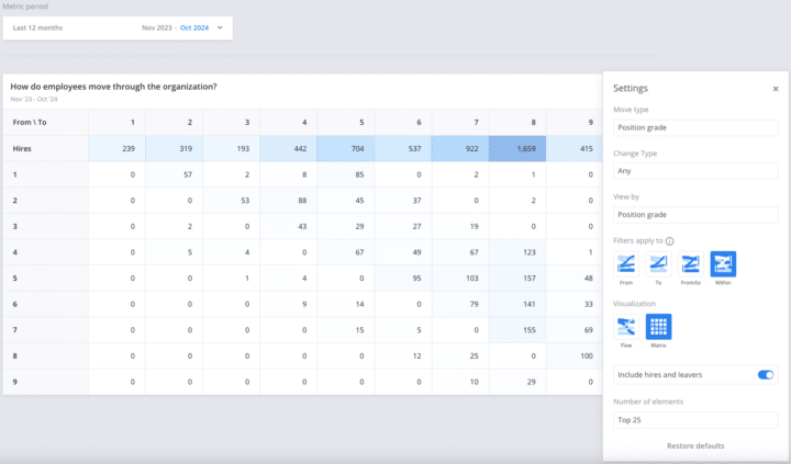Matrix view in Crunchr showing employee movements by position grade, including hires and internal transitions across grades, for spotting anomalies in workforce data from November 2023 to October 2024