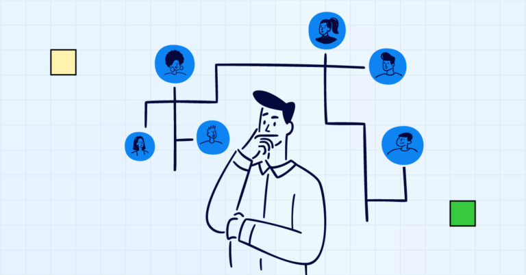 Illustration of a manager analyzing organizational structure with spans and layers, depicting hierarchical reporting lines and employee relationships