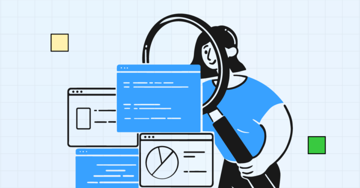 Illustration of a person using a magnifying glass to examine analytics dashboards, charts, and reports, symbolizing different types of HR analytics insights.